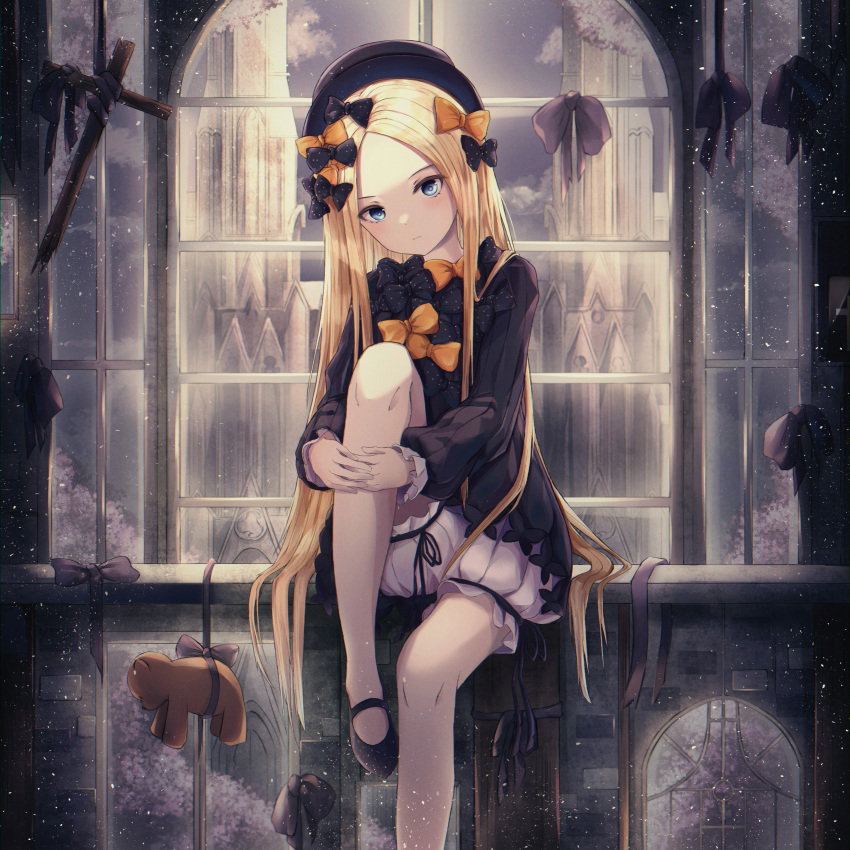 1girl abigail_williams_(fate/grand_order) absurdres bangs black_bow black_headwear blonde_hair blue_eyes blush bow commentary dress fate/grand_order fate_(series) forehead hair_bow hat highres long_hair long_sleeves looking_at_viewer minpark orange_bow parted_bangs polka_dot polka_dot_bow sleeves_past_fingers sleeves_past_wrists solo stuffed_animal stuffed_toy teddy_bear very_long_hair window