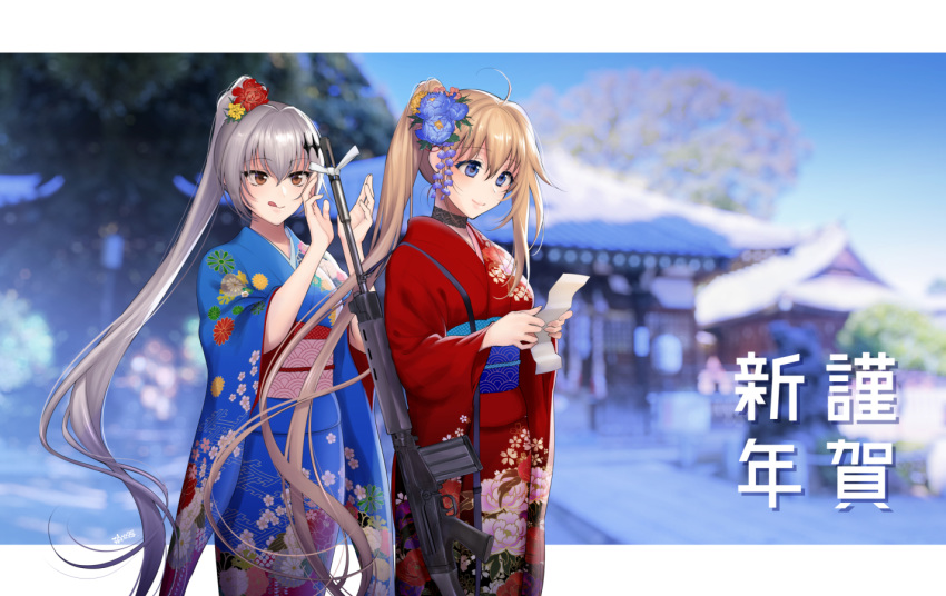 2girls :q ahoge bangs battle_rifle blonde_hair blue_eyes blue_flower blue_kimono blurry blurry_background blush brown_eyes building closed_mouth day depth_of_field eyebrows_visible_through_hair fal_(girls_frontline) feet_out_of_frame five-seven_(girls_frontline) floral_print flower fn_fal girls_frontline gun hair_flower hair_ornament holding japanese_clothes kimono long_hair long_sleeves multiple_girls obi ponytail print_kimono reading red_flower red_kimono ribbon rifle sash shoukaki_(earthean) shrine side_ponytail signature smile standing tongue tongue_out translated tree very_long_hair weapon white_ribbon wide_sleeves yellow_flower