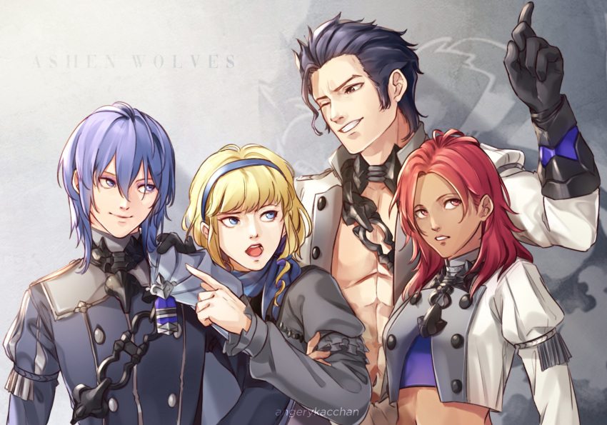 2boys 2girls angerykacchan balthus_(fire_emblem) black_gloves black_hair blonde_hair blue_eyes blue_hairband closed_mouth constance_von_nuvelle dark_skin fire_emblem fire_emblem:_three_houses garreg_mach_monastery_uniform gloves grin hairband hapi_(fire_emblem) highres long_sleeves medium_hair multiple_boys multiple_girls one_eye_closed open_mouth purple_hair red_eyes redhead short_hair smile twitter_username uniform upper_body violet_eyes yuri_(fire_emblem)