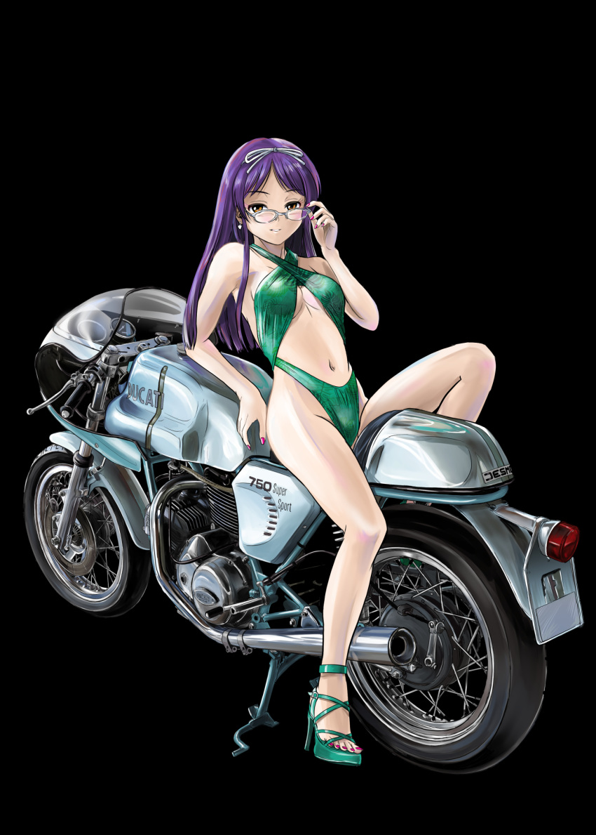 1girl adjusting_eyewear bakuon!! black_background casual_one-piece_swimsuit commentary_request ducati ducati_750ss full_body green_eyes green_swimsuit ground_vehicle highres long_hair looking_at_viewer minowa_hijiri motor_vehicle motorcycle one-piece_swimsuit purple_hair sakuma_masanori sandals simple_background smile solo swimsuit
