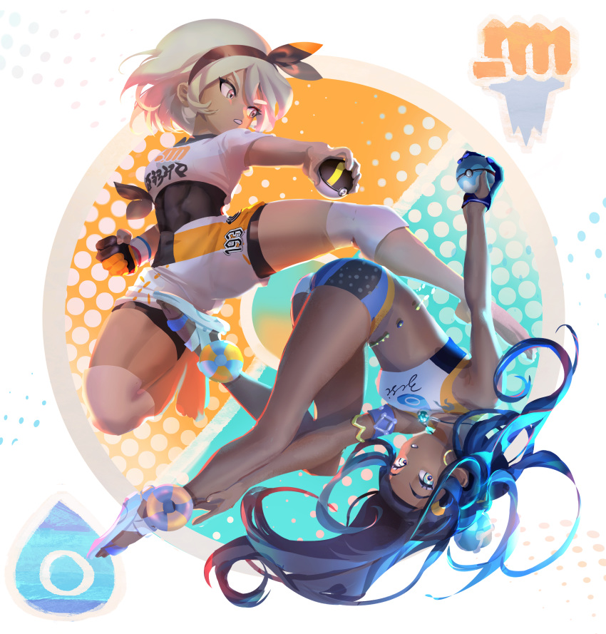 2girls abs absurdres armlet barefoot barefoot_sandals belly_chain black_hairband blue_eyes blue_hair bodysuit bodysuit_under_clothes clenched_hand color_contrast commentary dark_skin dive_ball earrings gloves grey_hair gym_leader hairband halftone hand_on_own_leg highres holding holding_poke_ball hoop_earrings jewelry knee_pads long_hair looking_at_viewer mixed-language_commentary multiple_girls necklace parted_lips partly_fingerless_gloves poke_ball poke_ball_symbol pokemon pokemon_(game) pokemon_swsh rurina_(pokemon) saitou_(pokemon) sandals shirt short_hair short_sleeves shorts single_glove swimsuit tacotako tankini tsurime ultra_ball upside-down very_long_hair