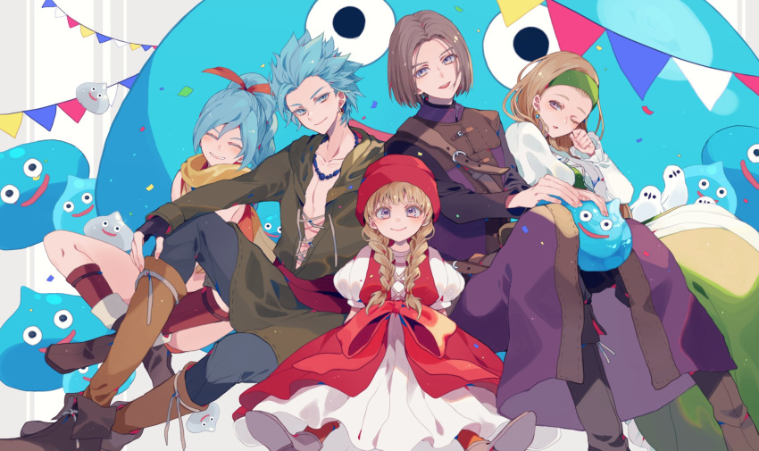 2boys 3girls blonde_hair blouse blue_eyes blue_hair blush boots braid brown_footwear brown_hair camus_(dq11) character_request closed_mouth dragon_quest dragon_quest_xi dress earrings facing_viewer glint green_skirt grey_pants hair_ribbon hand_up headband highres hoop_earrings jewelry juliet_sleeves light_brown_hair long_hair long_sleeves looking_at_viewer maya_(dq11) medium_hair multiple_boys multiple_girls necklace one_eye_closed pants parted_lips pennant ponytail puffy_short_sleeves puffy_sleeves red_headwear red_ribbon ribbon satsuki_(miicat) scarf shoes short_sleeves sitting skirt slime_(dragon_quest) smile twin_braids veronica_(dq11) violet_eyes white_dress yellow_scarf