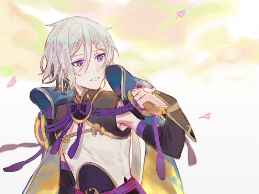 1boy bishounen blue_eyes chinese_clothes csyko fate/grand_order fate_(series) gao_changgong_(fate) grey_hair hair_between_eyes male_focus no_mask parted_lips petals short_hair silver_hair smile solo