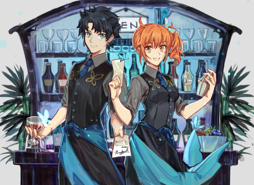 1boy 1girl alternate_hairstyle bartender black_hair blue_eyes butterfly_hair_ornament csyko cup drinking_glass fate/grand_order fate_(series) fujimaru_ritsuka_(female) fujimaru_ritsuka_(male) hair_between_eyes hair_ornament hair_scrunchie hair_up orange_hair scrunchie side_ponytail waistcoat wine_glass yellow_eyes