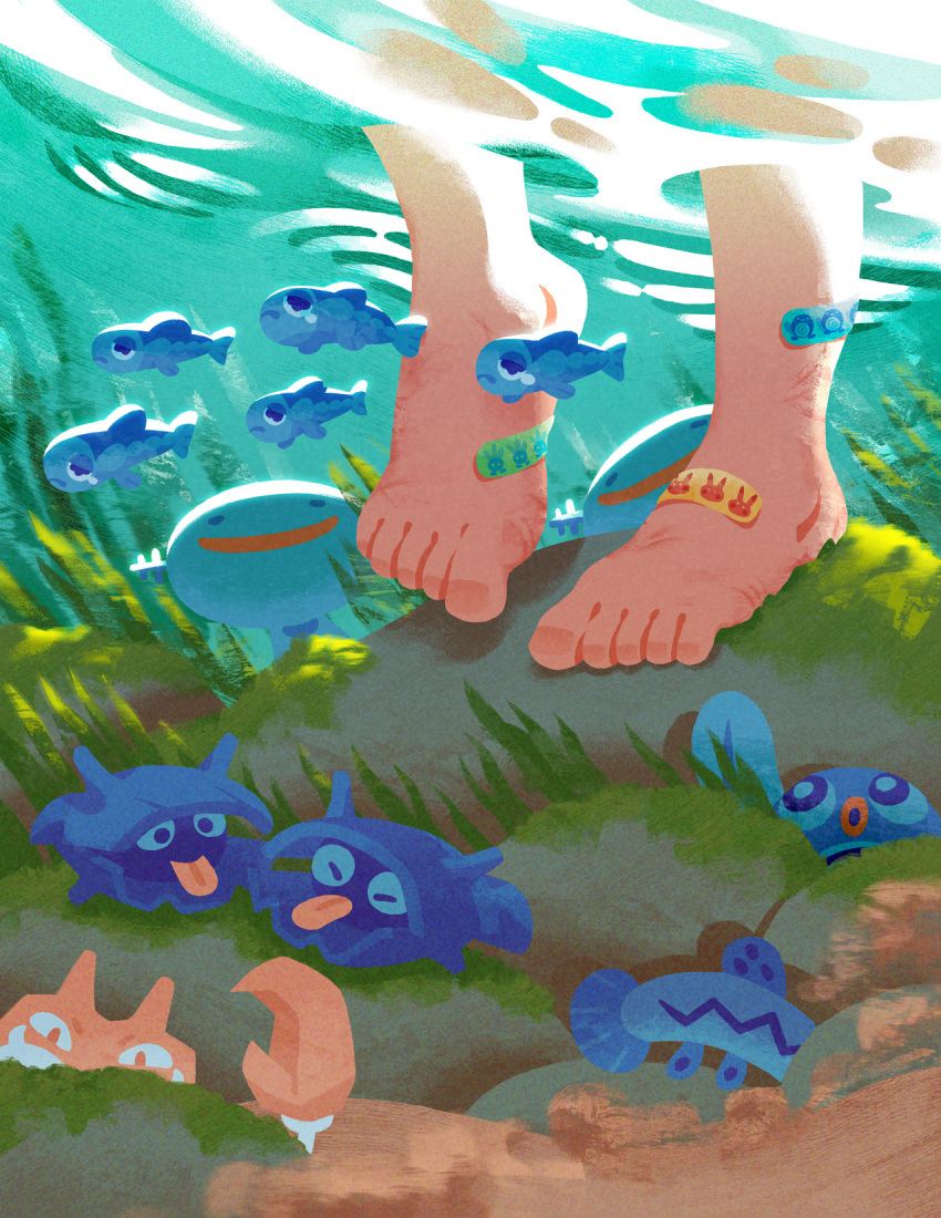 1other bandaid bandaid_on_foot barboach barefoot closed_eyes commentary creature english_commentary feet fish gen_1_pokemon gen_2_pokemon gen_3_pokemon gen_7_pokemon highres horns krabby looking_at_viewer nnchan oddish pikachu pokemon pokemon_(creature) poliwag rock shellder standing tongue tongue_out wishiwashi wooper