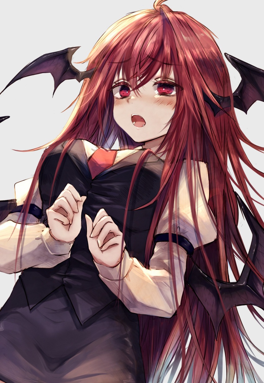 1girl absurdres black_skirt black_vest breasts demon_wings grey_background head_wings highres juliet_sleeves koakuma long_hair long_sleeves looking_at_viewer maho_moco medium_breasts necktie open_mouth puffy_sleeves red_eyes red_neckwear redhead simple_background skirt skirt_set solo touhou uneven_eyes vest wings