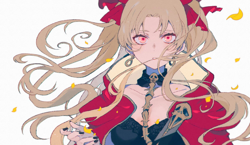 1girl bangs black_nails blonde_hair bow capelet detached_collar earrings ereshkigal_(fate/grand_order) fate/grand_order fate_(series) fingernails floating_hair hair_bow highres infinity jewelry leaf long_hair looking_at_viewer parted_bangs parted_lips red_bow red_capelet red_eyes satsuki_(miicat) simple_background solo upper_body white_background