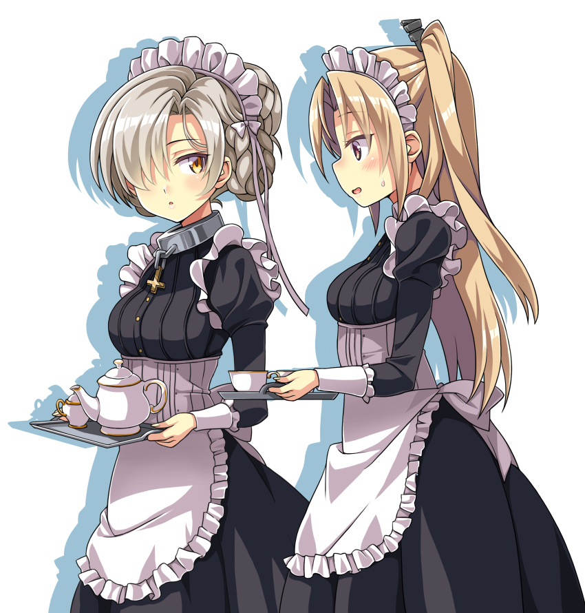 2girls absurdres alternate_costume apron azur_lane black_dress blonde_hair braid chain cleveland_(azur_lane) collar commentary commentary_request cross dress enmaided french_braid frilled_apron frills hair_over_one_eye highres holding holding_tray juliet_sleeves long_hair long_sleeves macaroni_hourensou maid maid_apron maid_headdress multiple_girls one_side_up open_mouth platinum_blonde_hair puffy_sleeves red_eyes sheffield_(azur_lane) short_hair simple_background tray waist_apron white_apron white_background yellow_eyes