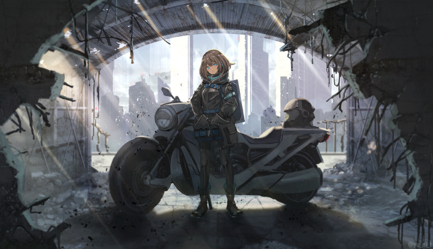 1girl bangs blue_eyes boots brown_hair building city day ground_vehicle hands_in_pockets headwear_removed helmet helmet_removed high_collar highres hood hood_down hooded_jacket jacket looking_at_viewer medium_hair motor_vehicle motorcycle original skyline skyscraper solo standing yu_ni_t