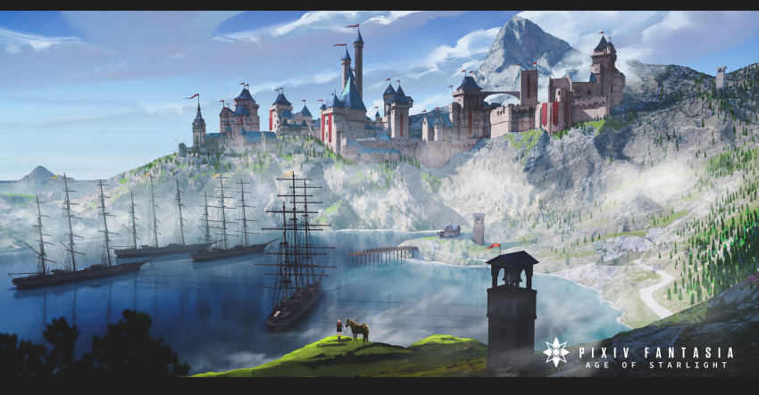 1girl absurdres baka_(mh6516620) blonde_hair blue_sky building castle cliff clouds copyright_name day facing_away highres horse letterboxed mountain pixiv_fantasia pixiv_fantasia_age_of_starlight ship short_hair sky solo standing water watercraft