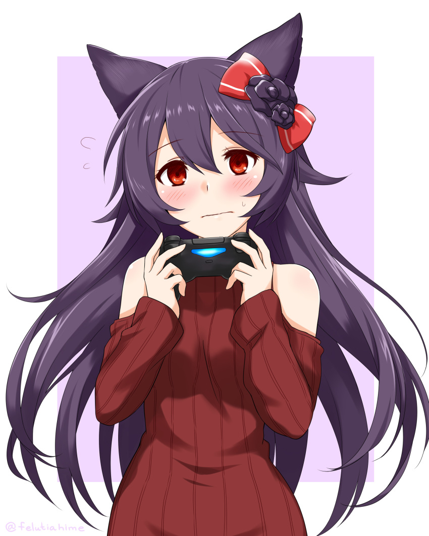 1girl absurdres animal_ears bangs bare_shoulders black_flower black_hair blush bow breasts commentary_request controller erune eyebrows_visible_through_hair felutiahime flower game_controller granblue_fantasy hair_between_eyes highres holding_controller long_hair looking_at_viewer medium_breasts nier_(granblue_fantasy) playstation_controller red_bow red_eyes solo upper_body