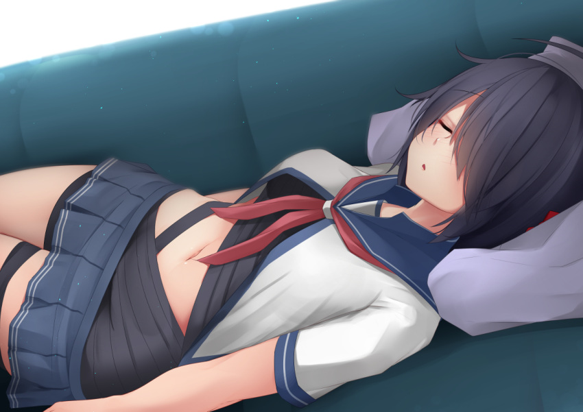 1girl bangs black_hair blush breasts closed_eyes commentary_request couch eyebrows_visible_through_hair hair_ornament hair_over_one_eye kako_(kantai_collection) kantai_collection long_hair lying messy_hair midriff miniskirt ne_an_ito neckerchief on_back open_mouth parted_bangs pleated_skirt red_neckwear remodel_(kantai_collection) school_uniform serafuku skirt sleeping under_boob