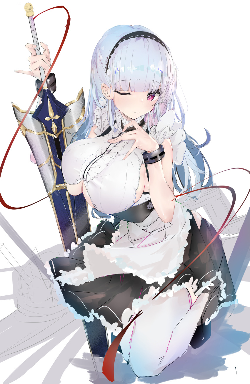 1girl absurdres anchor_choker apron azur_lane bangs bare_shoulders black_footwear black_hairband black_skirt blunt_bangs blush bracelet breasts center_frills closed_mouth dido_(azur_lane) dress hairband highres huge_filesize jewelry lace-trimmed_hairband large_breasts long_hair looking_at_viewer one_eye_closed red_ribbon ribbon shimicha silver_hair simple_background skirt smile solo sword thigh-highs thighs under_boob underboob_cutout violet_eyes waist_apron weapon white_apron white_background white_legwear