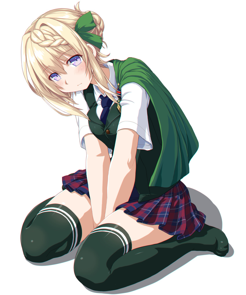 1girl badge bangs between_legs blonde_hair blue_neckwear blue_skirt blush braid braided_bun breasts cape collared_shirt commentary_request dd_(ijigendd) eyebrows_visible_through_hair full_body green_cape green_legwear green_ribbon green_vest hair_between_eyes hand_between_legs highres kantai_collection looking_at_viewer necktie no_shoes perth_(kantai_collection) plaid plaid_skirt pleated_skirt ribbon school_uniform shadow shirt short_hair short_sleeves sidelocks simple_background sitting skirt small_breasts solo thigh-highs thighs v_arms vest violet_eyes wariza white_background white_shirt zettai_ryouiki