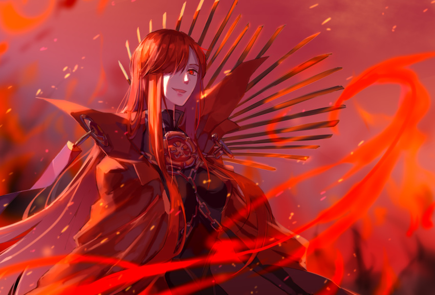 1girl :d breasts cape chain fate/grand_order fate_(series) fire hair_between_eyes long_hair looking_at_viewer nejikyuu oda_nobunaga_(fate)_(all) oda_nobunaga_(maou_avenger)_(fate) open_mouth red_eyes redhead smile solo