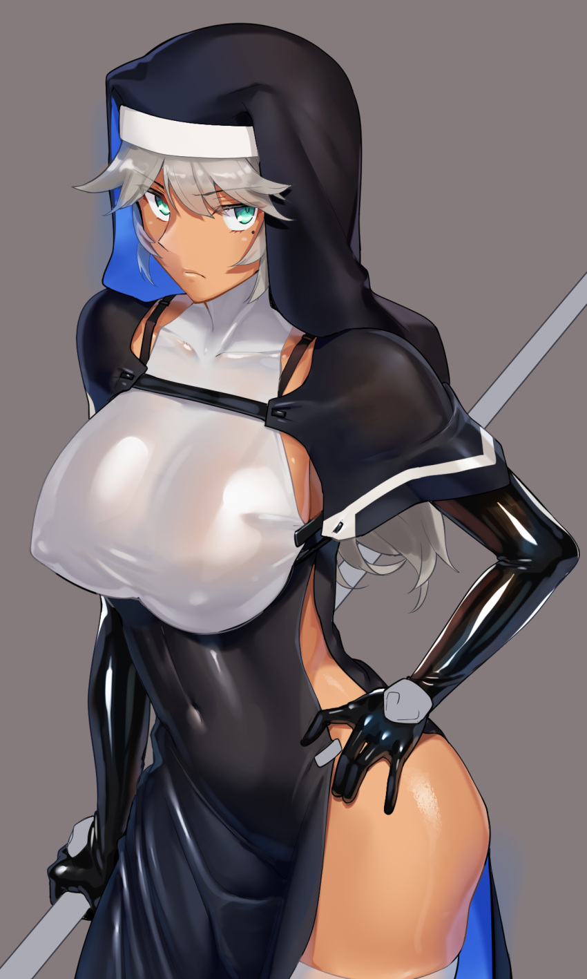 1girl blue_eyes breasts covered_collarbone covered_navel covered_nipples dark_skin gloves habit highres impossible_clothes large_breasts latex latex_gloves looking_at_viewer mole mole_under_eye nun ohlia original shiny shiny_clothes side_slit skin_tight solo staff thigh-highs white_hair