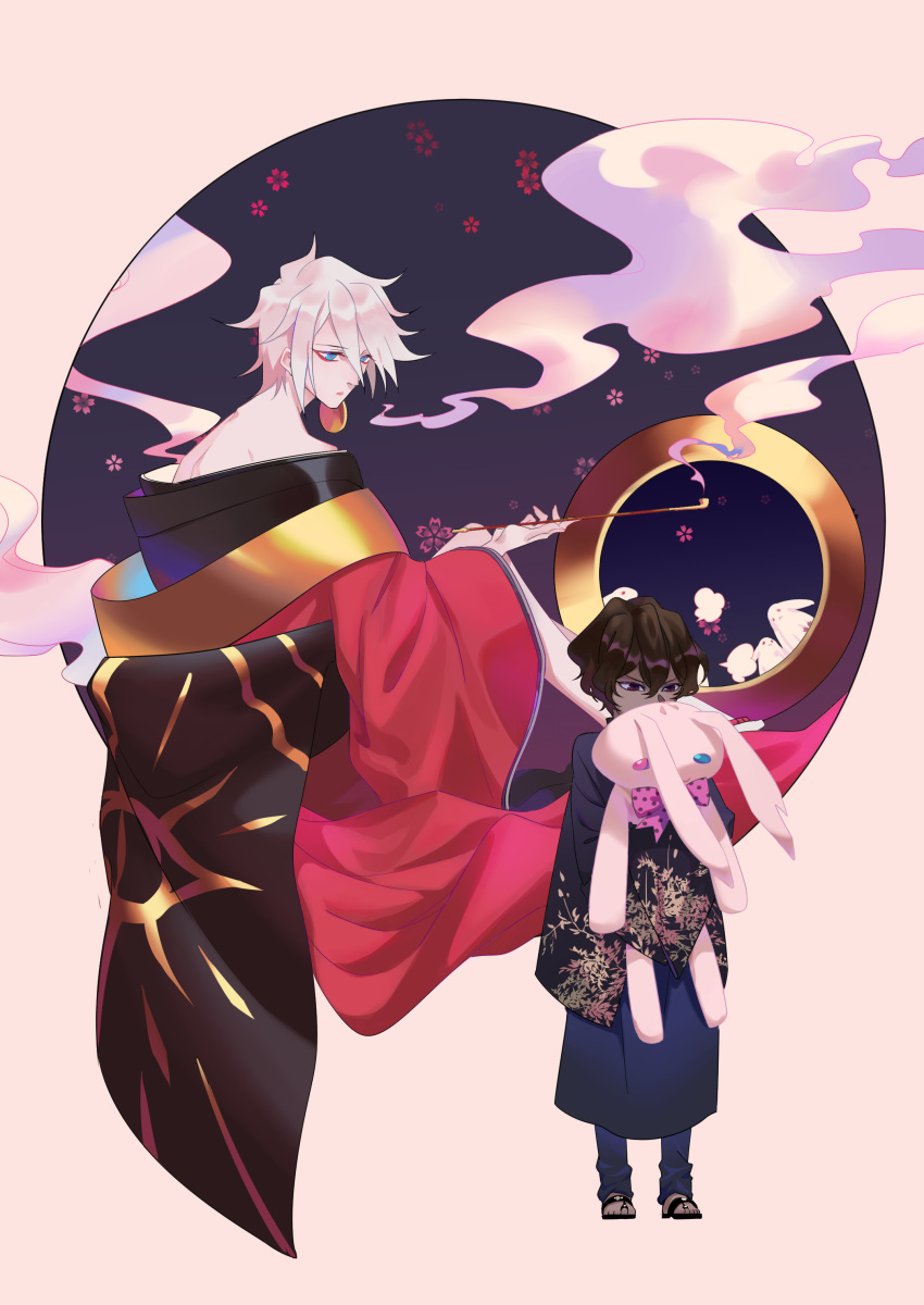 2boys 676643396dolce absurdres arjuna_(fate/grand_order) bishounen blue_eyes brown_eyes brown_hair child dark_skin dark_skinned_male fate/apocrypha fate/grand_order fate_(series) heterochromia highres japanese_clothes karna_(fate) kimono kiseru male_focus multiple_boys nape pants pipe sandals stuffed_animal stuffed_bunny stuffed_toy white_hair wide_sleeves younger