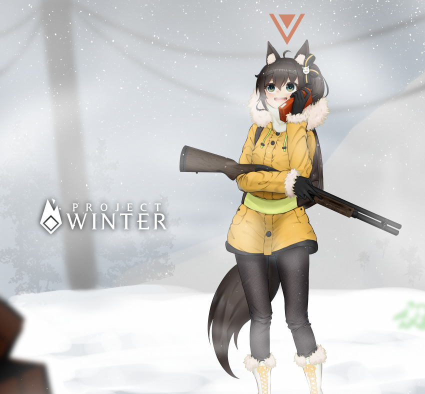1girl absurdres ahoge animal_ears backpack bag black_gloves black_pants boots breath brown_hair coat copyright_name cross-laced_footwear eyebrows_visible_through_hair fur-trimmed_boots fur-trimmed_coat fur_trim gloves green_eyes gun hair_between_eyes highres hololive hooded_coat lunch_boxer medium_hair natsuiro_matsuri open_mouth outdoors pants project_winter pump_action shotgun side_ponytail smile snow solo standing tail telephone_pole virtual_youtuber walkie-talkie weapon white_footwear winter yellow_coat