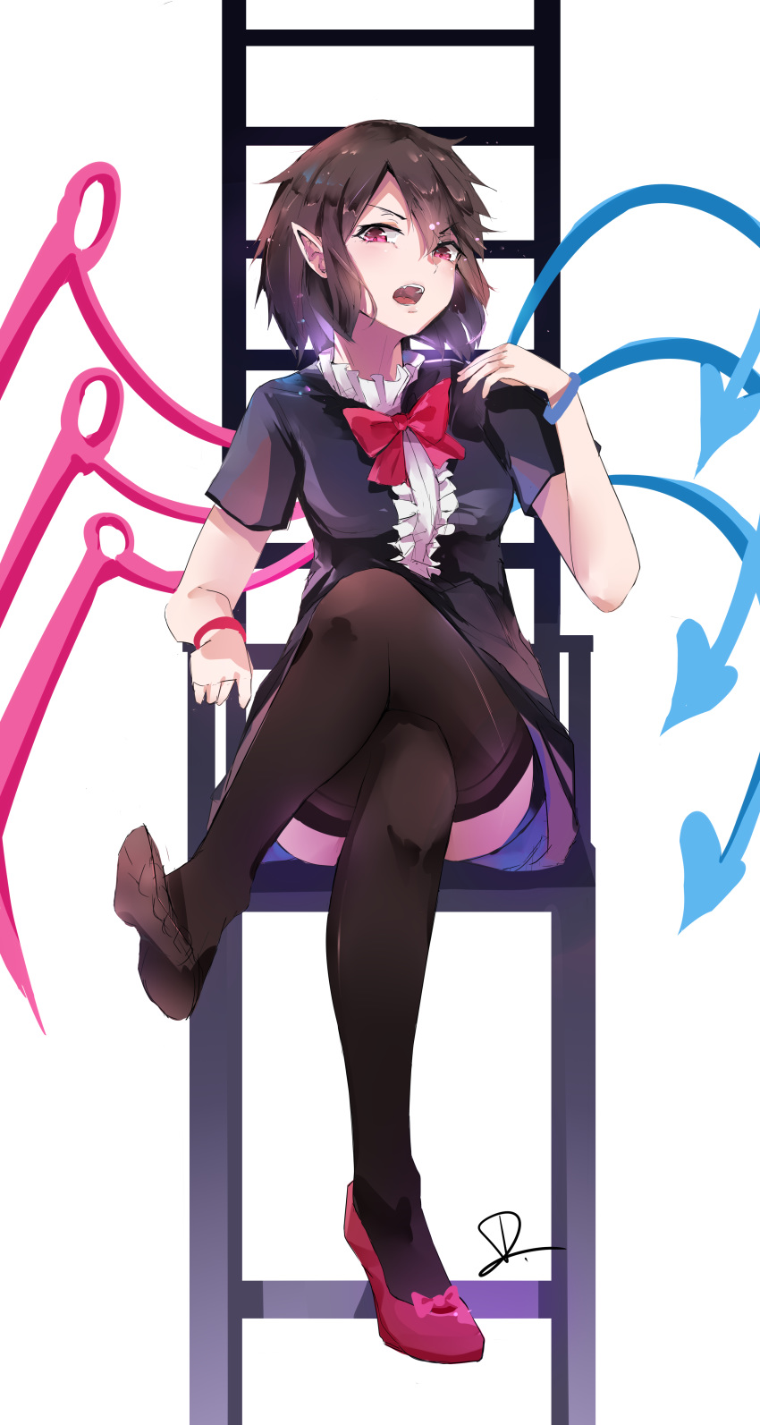 1girl absurdres asymmetrical_wings bangs black_dress black_hair black_legwear blue_wings bow bowtie breasts center_frills chair commentary_request crossed_legs dleung dress feet hair_between_eyes hand_up highres houjuu_nue looking_at_viewer medium_breasts open_mouth pointy_ears red_bow red_eyes red_footwear red_neckwear red_wings shoes short_dress short_hair short_sleeves sidelocks simple_background single_shoe sitting solo thigh-highs touhou white_background wings