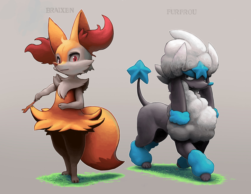 black_eyes braixen brown_eyes character_name commentary_request creature dog full_body furfrou furfrou_(star) gen_6_pokemon grass grey_background holding holding_stick lyc no_humans pokemon pokemon_(creature) simple_background standing stick