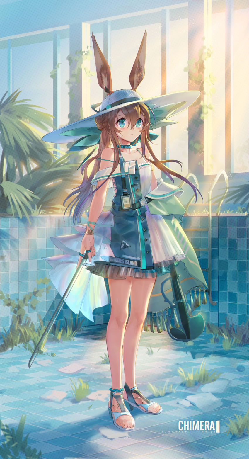 1girl amiya_(arknights) animal_ears arknights bare_shoulders blue_eyes blush bracelet brown_hair collar dress full_body grass hair_between_eyes hat highres holding holding_instrument instrument jewelry long_hair nemo_(leafnight) pool rabbit_ears ring sandals solo sun_hat violin