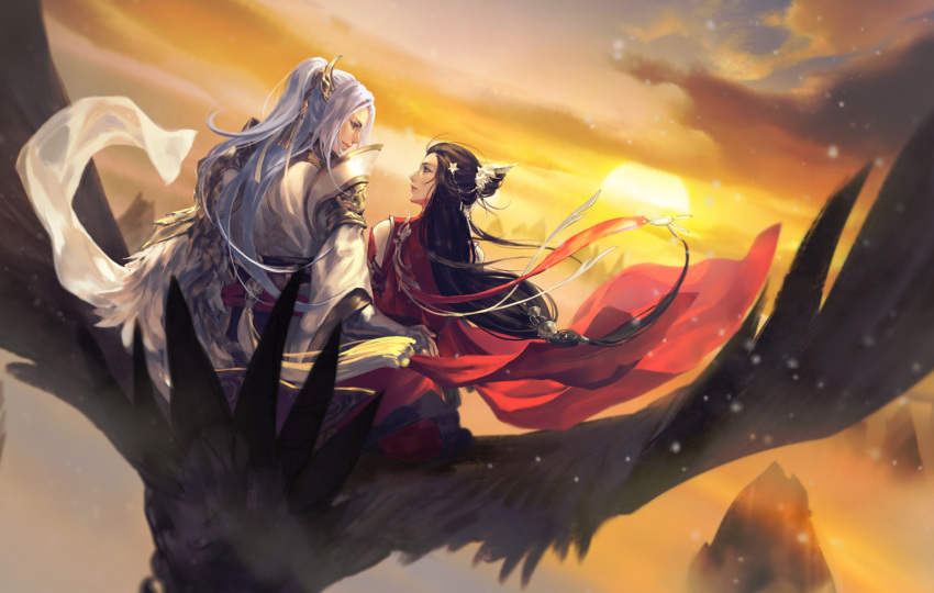 1boy 1girl bird black_hair bridal_gauntlets character_request chinese_clothes ching_nu_yu_hun closed_mouth clouds elbow_gloves floating floating_hair gloves grey_gloves hair_ornament hand_on_another's_hip hangleing highres long_hair long_sleeves looking_at_another outdoors sitting sky straight_hair sun sunset tassel white_hair