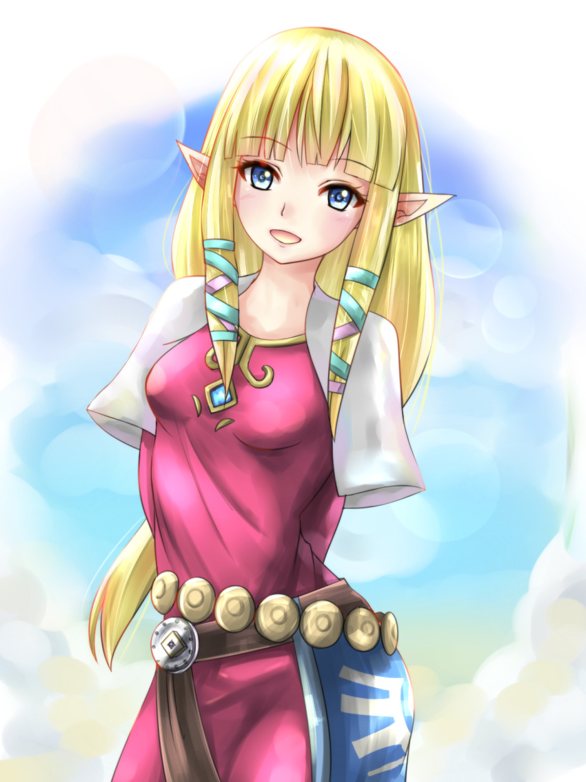 1girl arms_behind_back blonde_hair blue_eyes blush breasts clouds day dress eyebrows_visible_through_hair hair_ribbon highres jewelry lens_flare looking_at_viewer open_mouth pink_dress pointy_ears princess_zelda racket_ti1 ribbon sky smile solo the_legend_of_zelda the_legend_of_zelda:_skyward_sword