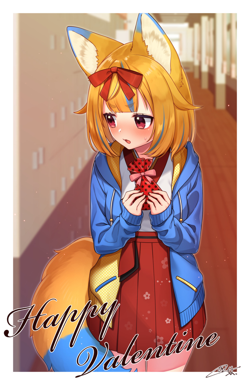 1girl absurdres animal_ear_fluff animal_ears bangs blue_hair blue_jacket blurry blurry_background blush bow brown_hair copyright_request depth_of_field drawstring eyebrows_visible_through_hair fox_ears fox_girl fox_tail gift gift_bag hair_bow happy_halloween highres holding holding_gift hood hood_down hooded_jacket incoming_gift indoors jacket multicolored_hair open_clothes open_jacket parted_lips polka_dot red_bow red_eyes red_skirt sakura_chiyo_(konachi000) shirt signature skirt solo sweat tail thick_eyebrows two-tone_hair valentine virtual_youtuber white_shirt