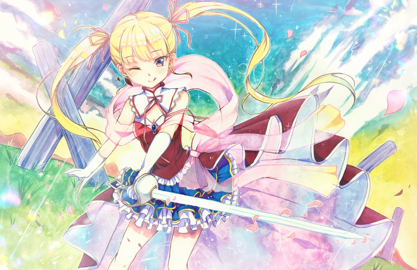 1girl ;q absurdres bangs bare_shoulders blonde_hair blue_skirt blush closed_mouth clouds commentary_request dutch_angle elbow_gloves eyebrows_visible_through_hair frilled_skirt frills gloves hagoromo hair_ribbon highres holding holding_sword holding_weapon layered_skirt long_hair one_eye_closed original outdoors petals pillar pink_ribbon pleated_skirt red_shirt ribbon saber_(weapon) see-through shawl shirt skirt sleeveless sleeveless_shirt smile solo sunset sword tongue tongue_out traditional_media twintails very_long_hair violet_eyes weapon white_gloves yingyemao