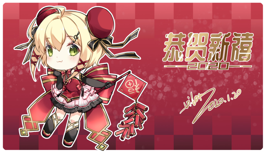 1girl ahoge alternate_costume alternate_hairstyle azur_lane bangs black_gloves blonde_hair bun_cover chibi chinese_clothes chinese_new_year closed_mouth commentary_request dated double_bun dress elbow_gloves eyebrows_visible_through_hair firecrackers gloves green_eyes hair_ribbon highres musical_note_hair_ornament nengajou new_year pink_skirt red_dress ribbon signature skirt smile solo southampton_(azur_lane) vilor