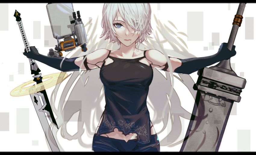1girl bare_shoulders beastlord_(sword) black_gloves broadsword csyko dual_wielding elbow_gloves eyes_visible_through_hair gloves hair_over_one_eye holding katana mole mole_under_mouth nier_(series) nier_automata pod_(nier_automata) robot_joints short_hair silver_hair solo sword virtuous_contract weapon yorha_type_a_no._2