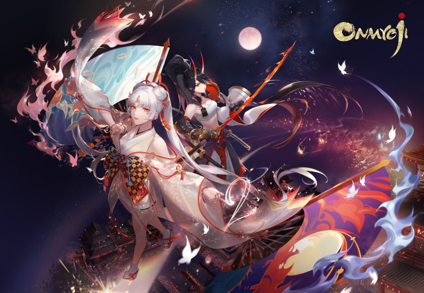 2girls absurdres black_hair bow callarinc commentary copyright_name double_bun facial_mark fan fire folding_fan forehead_mark hair_ornament highres japanese_clothes kimono lantern long_hair long_sleeves looking_at_viewer makeup moon multiple_girls onmyoji onmyouji outdoors red_eyes red_lips red_nails see-through shiranui_(onmyoji) tagme twintails very_long_hair white_hair