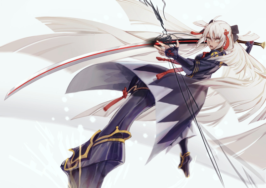 1girl absurdres ahoge black_bow bow breasts csyko dark_skin fate/grand_order fate_(series) fighting_stance geta grey_eyes hair_between_eyes hair_bow hair_ornament highres katana large_breasts long_hair okita_souji_(alter)_(fate) okita_souji_(fate)_(all) platform_footwear solo sword very_long_hair weapon white_hair