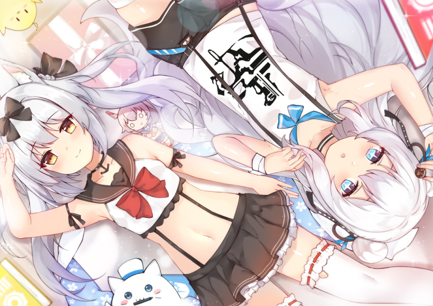 +_+ 2girls :o alternate_costume arm_ribbon arm_up armpits ayanami_(azur_lane) azur_lane bare_shoulders bird black_ribbon black_shorts black_skirt blue_eyes blurry book cat character_doll chick choker collarbone commentary_request crop_top double_bun garter_straps hair_bun holding kuaua le_malin_(azur_lane) long_hair looking_at_viewer lying manjuu_(azur_lane) meowfficer_(azur_lane) midriff miniskirt multiple_girls navel on_back orange_eyes parted_lips ribbon sailor_collar school_uniform serafuku shirt short_shorts shorts simple_background skirt sleeveless sleeveless_shirt stomach suspenders thigh-highs very_long_hair white_hair white_legwear white_shirt yukikaze_(azur_lane) zettai_ryouiki