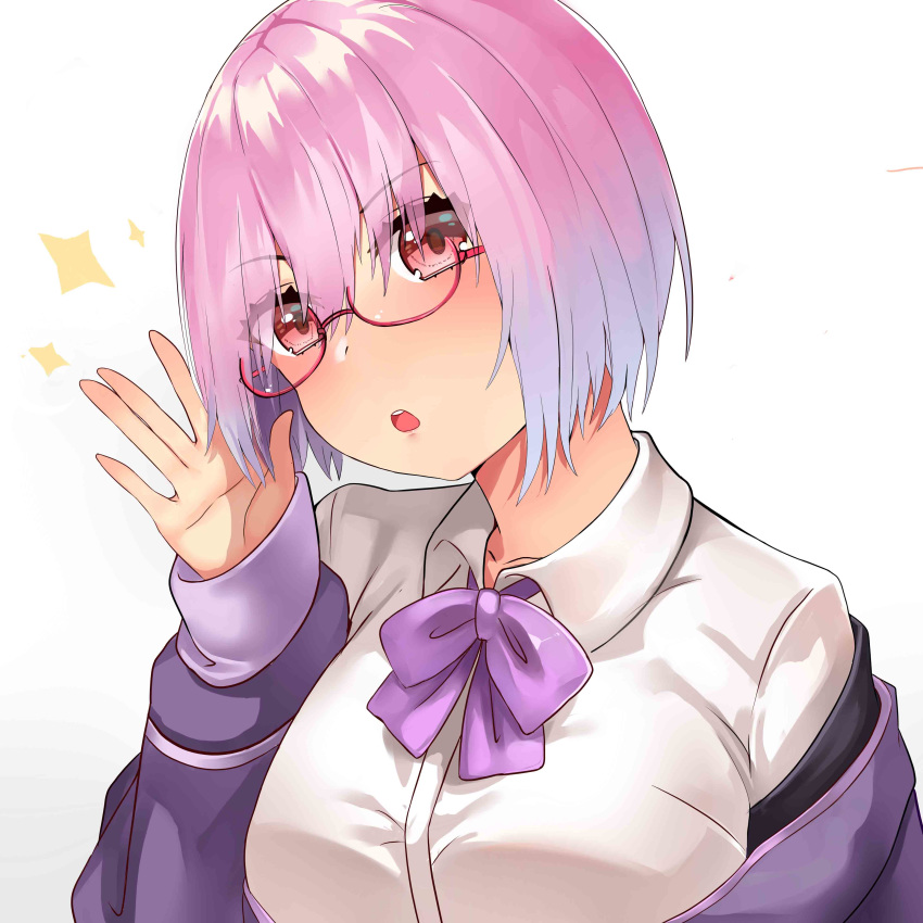 1girl absurdres bangs blush bow breasts collarbone commentary_request eyebrows_visible_through_hair face glasses highres jacket large_breasts lavender_hair long_sleeves looking_at_viewer off_shoulder purple_jacket red_eyes shinjou_akane shirt short_hair simple_background smile solo ssss.gridman white_background white_shirt xubai