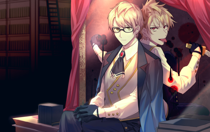 2boys ascot black_gloves blonde_hair blood blood_splatter csyko dagger different_reflection dual_persona fate/prototype fate/prototype:_fragments_of_blue_and_silver fate_(series) glasses gloves green_eyes jekyll_and_hyde_(fate) mirror multiple_boys red_eyes reflection sitting tongue tongue_out waistcoat weapon
