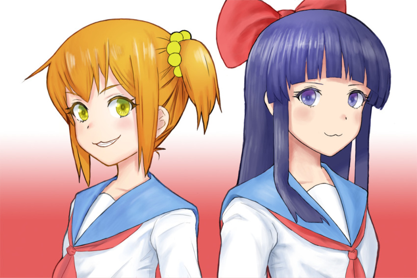 2girls :3 blonde_hair blue_eyes blue_hair bow breasts commentary flasso hair_bow hair_ornament hair_scrunchie long_hair looking_at_viewer multiple_girls personification pipimi poptepipic popuko school_uniform scrunchie serafuku short_hair simple_background smile