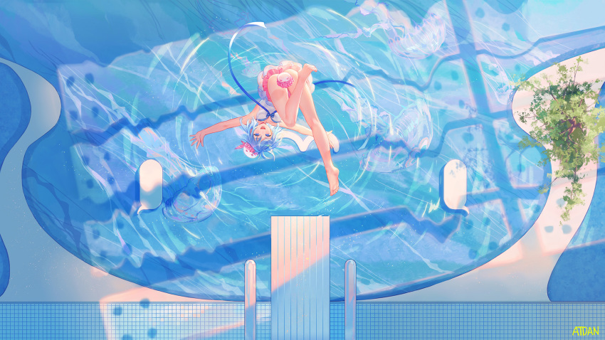 &gt;_&lt; 1girl :d animal animal_on_head atdan bangs bare_arms bare_legs barefoot bikini blue_eyes blue_hair blue_ribbon blue_theme covering covering_crotch day diving diving_board dress_swimsuit falling feet from_above haiyi highres jellyfish looking_at_viewer on_head open_mouth outstretched_arms plant pool poolside ribbon ripples short_hair smile spread_arms strapless strapless_bikini swimsuit synthesizer_v upside-down vocaloid water window_shade