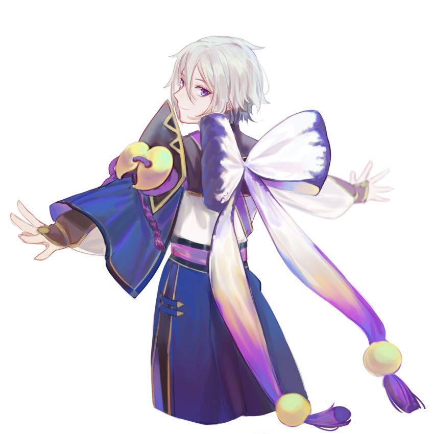 1boy adapted_costume bishounen blue_eyes bow chinese_clothes csyko fate/grand_order fate_(series) from_behind gao_changgong_(fate) grey_hair hair_between_eyes highres male_focus no_mask outstretched_arms short_hair silver_hair smile solo