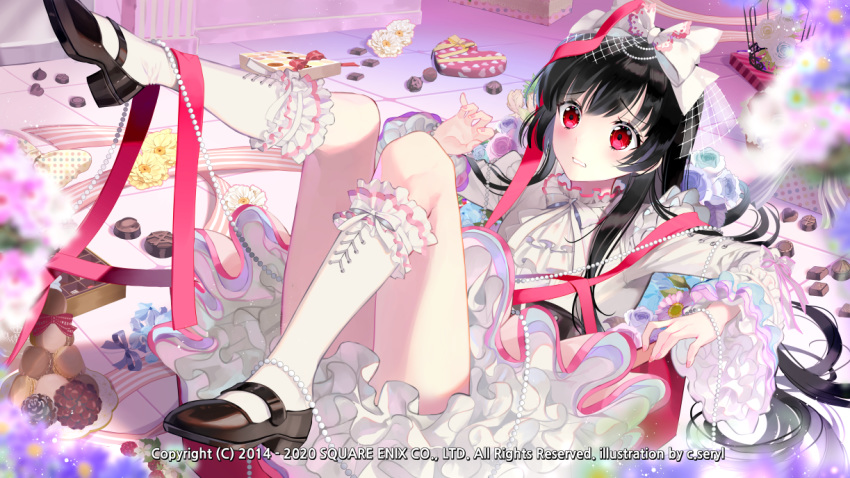 black_hair blush c.seryl chocolate dress kai-ri-sei_million_arthur lolita_fashion long_hair million_arthur_(series) official_art open_mouth red_eyes ribbon socks square_enix valentine watermark white_legwear