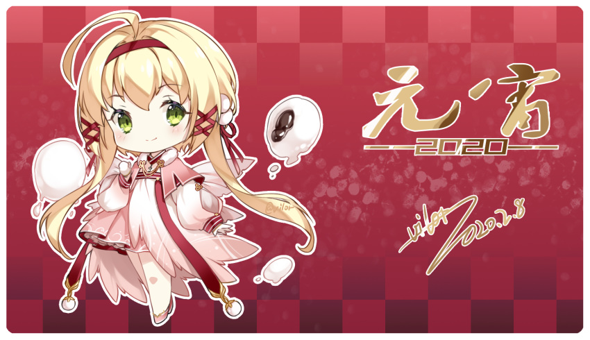 1girl ahoge alternate_costume alternate_hair_length alternate_hairstyle azur_lane bangs blonde_hair capelet chibi chinese_clothes closed_mouth commentary_request dated dress eyebrows_visible_through_hair gloves green_eyes hair_intakes hair_ribbon hairband highres long_hair long_sleeves nengajou new_year pink_dress ribbon sidelocks signature smile solo southampton_(azur_lane) standing vilor white_gloves