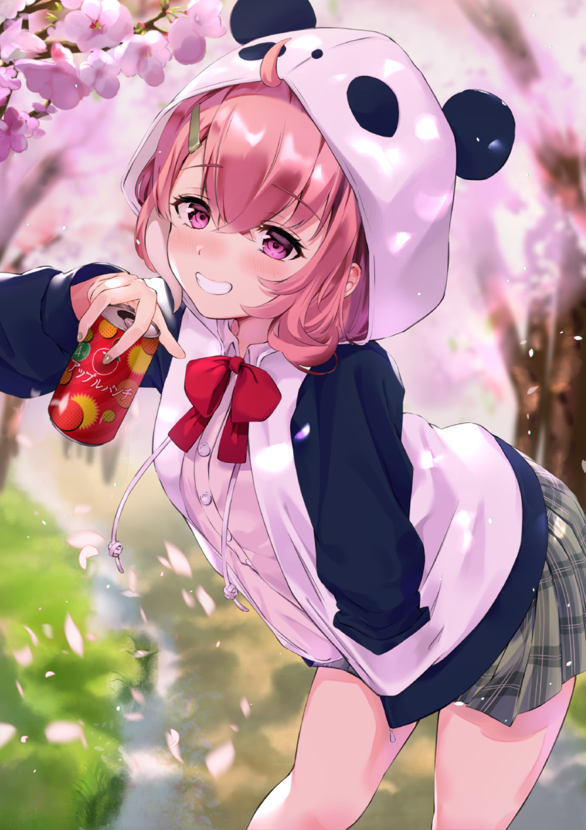 1girl blurry blurry_background blush can cherry_blossoms commentary_request grin hair_between_eyes hair_ornament hairclip highres hood hooded_jacket jacket looking_at_viewer nijisanji orange_hair petals sasaki_saku school_uniform sg_(satoumogumogu) short_hair smile soda_can solo violet_eyes virtual_youtuber