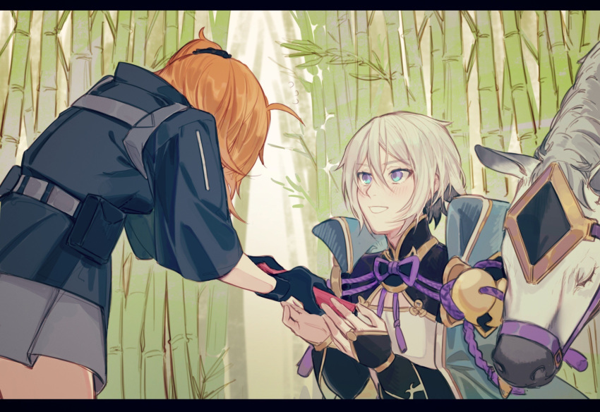 1boy 1girl bamboo bamboo_forest bent_over blue_eyes blush chinese_armor chinese_clothes csyko fate/grand_order fate_(series) forest fujimaru_ritsuka_(female) gao_changgong_(fate) gift grey_hair hair_between_eyes hair_ornament hair_scrunchie highres horse nature orange_hair polar_chaldea_uniform scrunchie short_hair side_ponytail silver_hair