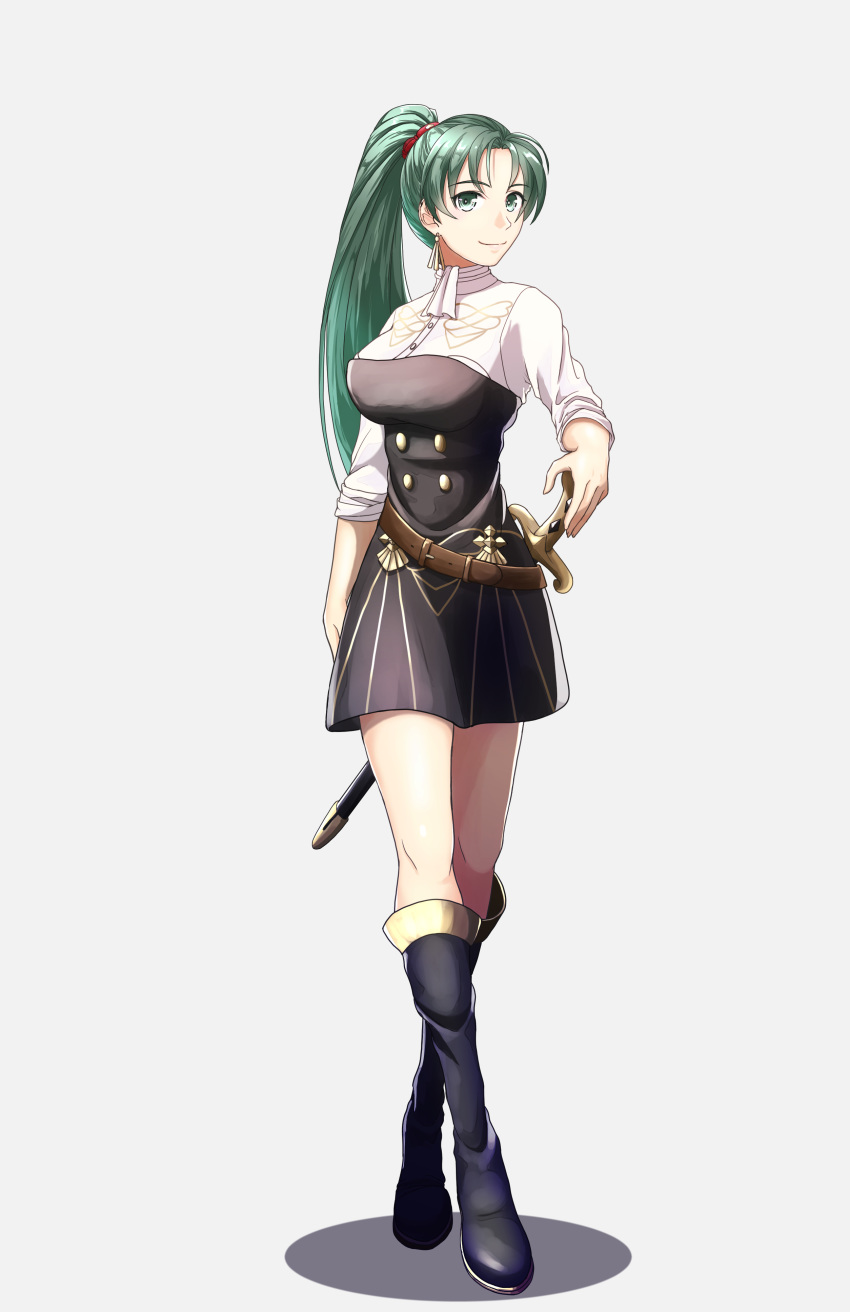 1girl absurdres belt boots breasts closed_mouth earrings fire_emblem fire_emblem:_three_houses fire_emblem:_rekka_no_ken fire_emblem:_the_blazing_blade fire_emblem:_three_houses fire_emblem_16 fire_emblem_7 fire_emblem_blazing_sword full_body garreg_mach_monastery_uniform green_eyes green_hair grey_background gzo1206 highres intelligent_systems jewelry knee_boots large_breasts long_hair lyn_(fire_emblem) nintendo ponytail scabbard sheath sheathed simple_background smile solo super_smash_bros. sword uniform weapon