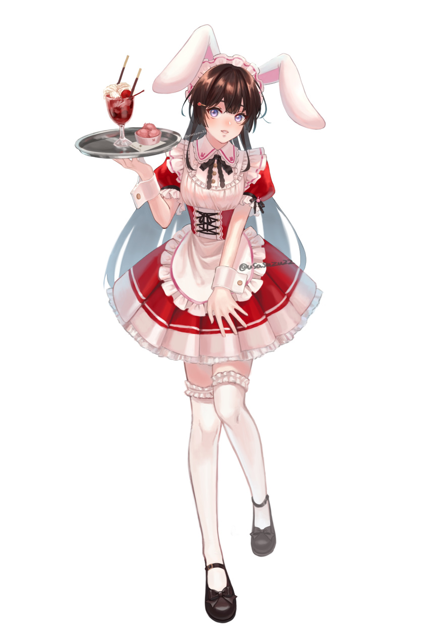 1girl absurdres alternate_costume animal_ears animal_print apron black_footwear black_hair black_neckwear black_ribbon blue_eyes breasts bunny_print commentary corset dress enmaided fake_animal_ears food frilled_dress frills full_body hair_ornament hairclip highres holding holding_tray ice_cream long_hair looking_at_viewer maid maid_apron maid_headdress medium_breasts neck_ribbon nijisanji parfait parted_lips pleated_skirt puffy_short_sleeves puffy_sleeves rabbit_ears red_dress ribbon shoes short_sleeves simple_background skirt smile solo thigh-highs thighs tray tsukino_mito twitter_username usasuzu virtual_youtuber waitress white_background white_legwear wing_collar wrist_cuffs zettai_ryouiki
