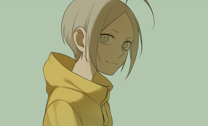 19_tian 1boy ahoge blonde_hair child closed_mouth e7_(runaway162) green_background grey_eyes jian_yi looking_at_viewer male_focus short_hair simple_background smile solo upper_body