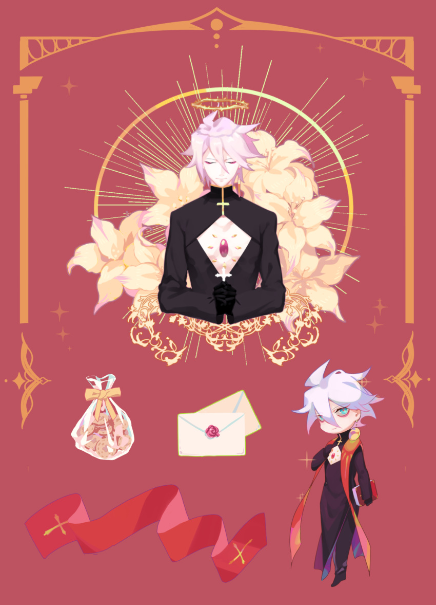 1boy 676643396dolce animal_skull blue_eyes chest_jewel closed_eyes cookie cross fate/apocrypha fate/grand_order fate_(series) flower food halo highres karna_(fate) letter lily_(flower) male_focus pale_skin praying priest ribbon smile solo_focus stole white_hair