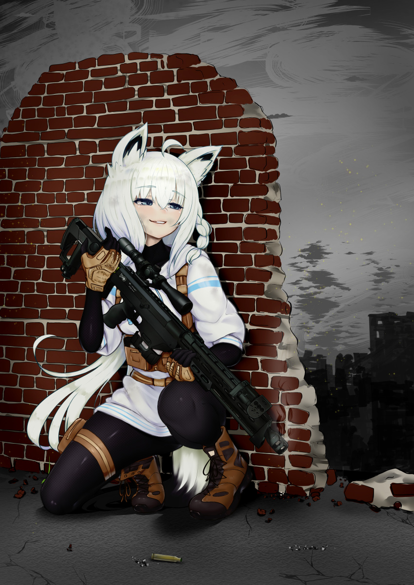 1girl absurdres ahoge alternate_costume animal_ears blue_eyes bodysuit bodysuit_under_clothes braid brick_wall broken_wall brown_footwear city cross-laced_footwear dsr-1 eyebrows_visible_through_hair fox_ears fox_tail full_body gloves grin gun hair_between_eyes highres hololive jacket kneeling long_hair lunch_boxer military outdoors rubble shell_casing shirakami_fubuki side_braid smile smoke smoking_gun solo tail thigh_pouch thigh_strap vest virtual_youtuber weapon white_hair