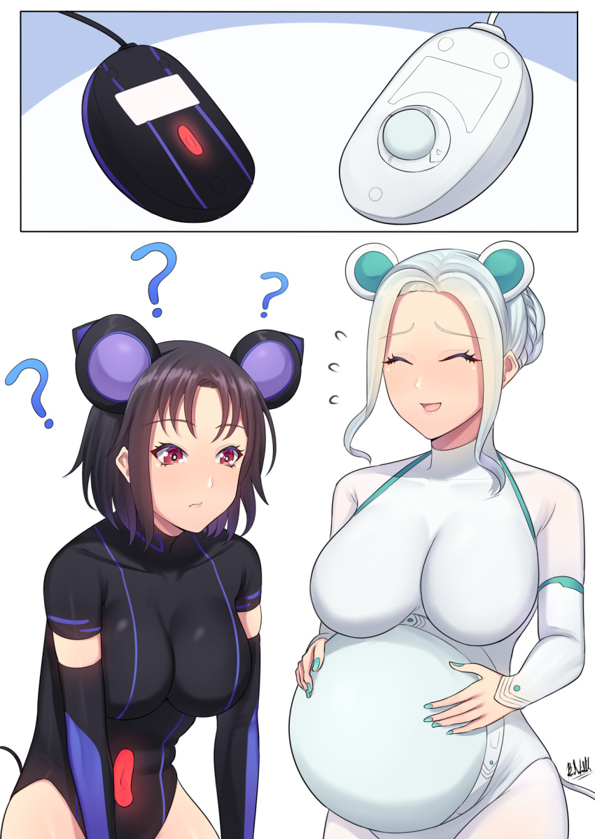 2girls ? ^_^ animal_ears aqua_nails band-width black_gloves black_hair black_leotard bodysuit braid breasts closed_eyes elbow_gloves fake_animal_ears french_braid gloves hairband hands_on_own_stomach highres large_breasts leotard medium_breasts mouse_(computer) mouse_ears multiple_girls orb original os-tan personification pregnant red_eyes short_hair silver_hair skin_tight