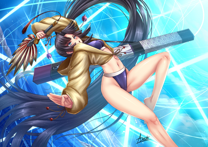 1girl absurdly_long_hair adsouto armor bangs bikini black_hair blue_bikini blue_eyes blush breasts fate/grand_order fate_(series) feathers hair_bun hair_feathers highres jacket jacket_over_swimsuit japanese_armor long_hair looking_at_viewer medium_breasts navel open_mouth parted_bangs shirt side_ponytail solo swimsuit tropical_summer underwear ushiwakamaru_(fate/grand_order) ushiwakamaru_(swimsuit_assassin)_(fate) very_long_hair yellow_jacket yellow_shirt